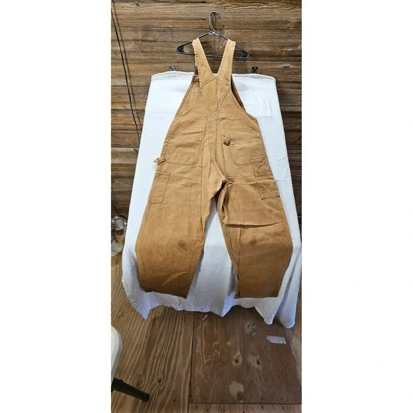 Carhartt Mens Duck Bib Overalls Double Knee Work Pants Brown R01 BRN 30 Inseam - Picture 7 of 9